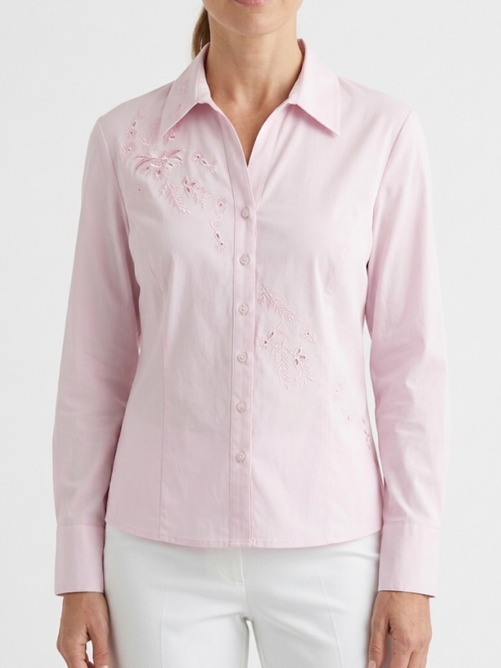 Cottagecore Pink Embroidered Button‑Down – Size 14 Petite Vintage Farmhouse